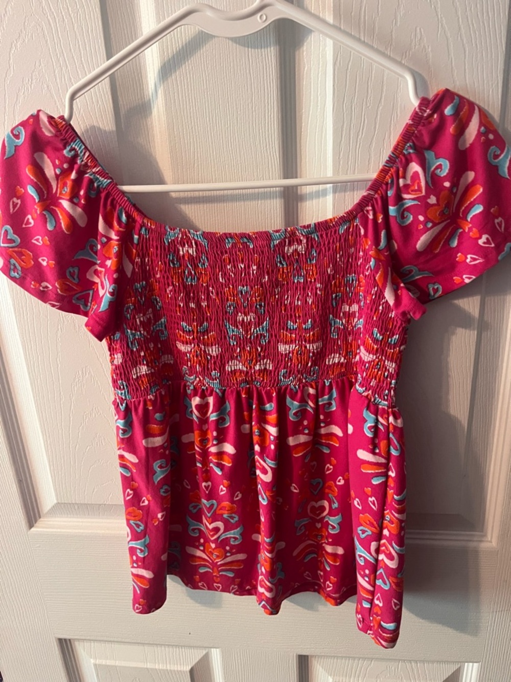 crown & ivy Hot Pink Printed Off-Shoulder Smocked Crop Top